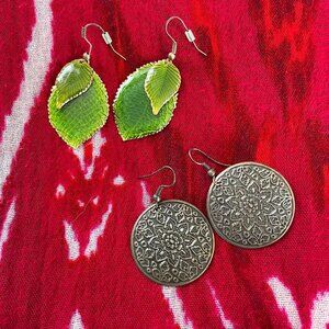Set of 2 Boho Earrings- Green Leaves and Decorative Medallions